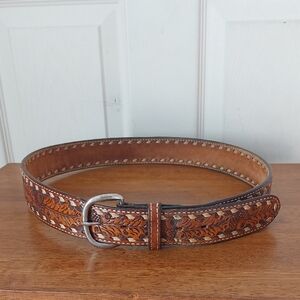 Vtg ACME Brown Nature Theme Leaf Acorn Western Hand Tooled Leather Belt Size 38